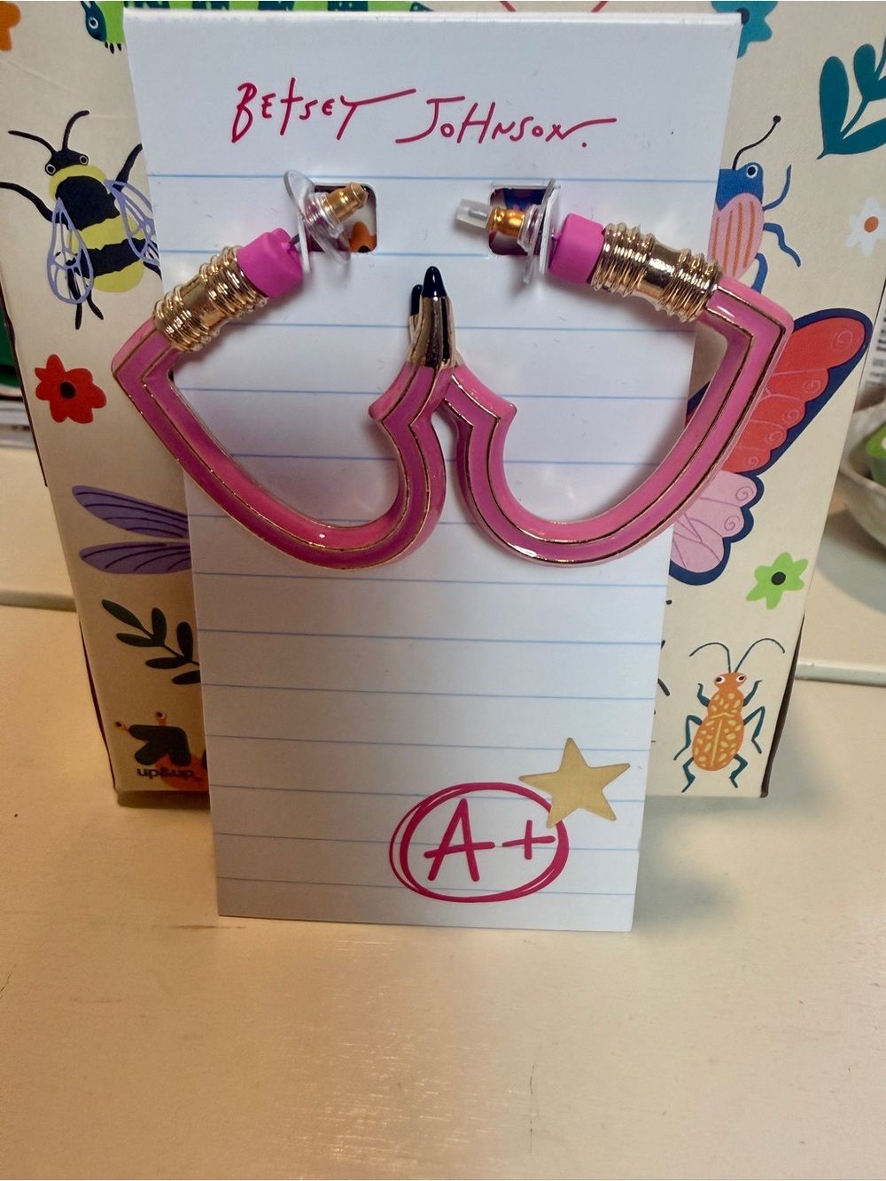 Betsey Johnson Pink Pencil Heart-Shaped Hoop Earrings with Gold Accents